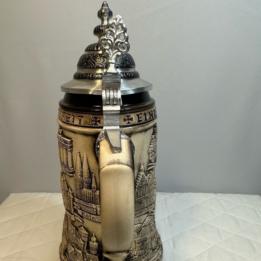 Rothenburg German Beer Stein Rustic Natural With Silver Tone Pewter Cup Vintage - Picture 11 of 15